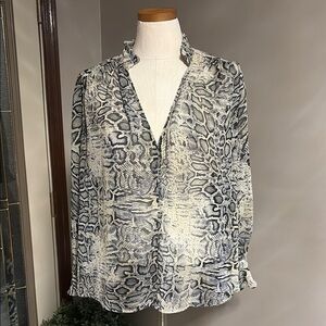 ZARA women’s semi sheer snake print OVERSIZED blouse V neck ruffle neck size M
